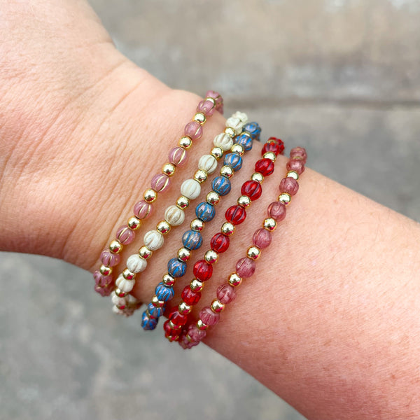 melon collection beads on a wrist
