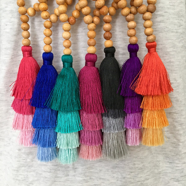 Silk Tassel and Wood Mala Beads Necklace