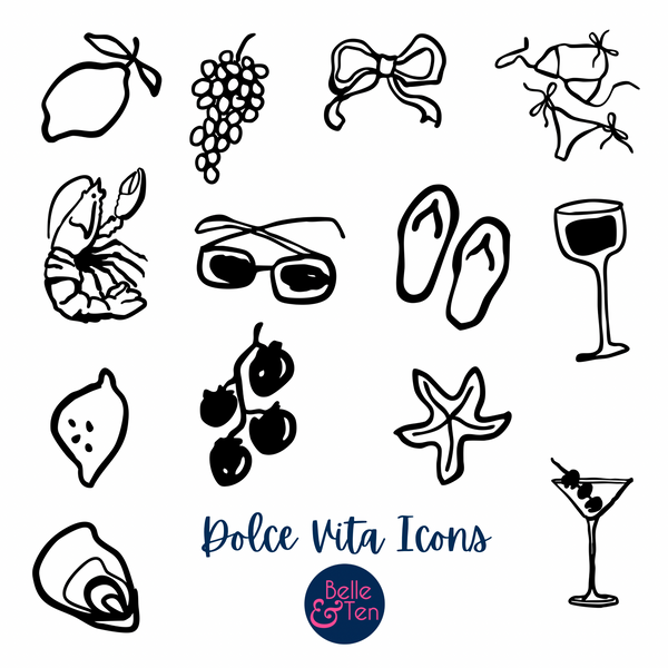 A sheet of black outline summer-themed icons on a white background, including a lemon, grapes, bow, lobster, sunglasses, flip-flops, wine glass, starfish, oyster, berries, and a martini glass. The text 'Dolce Vita Icons' appears in blue, with a circular 'Belle & Ten' logo at the bottom.