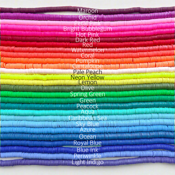 Stack of colorful heishi bead options in a rainbow pattern on a white background