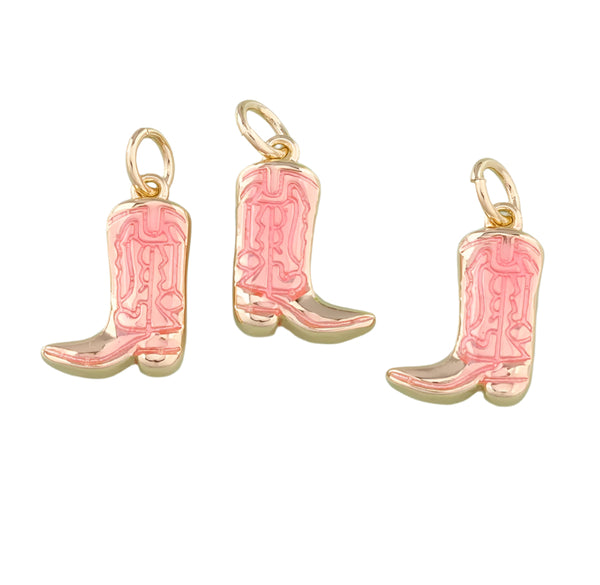 Light pink cowboy boot charms with gold accents on a white background