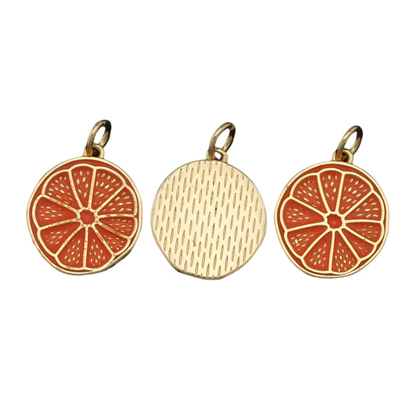 Three round pendants with orange slice design on a white background