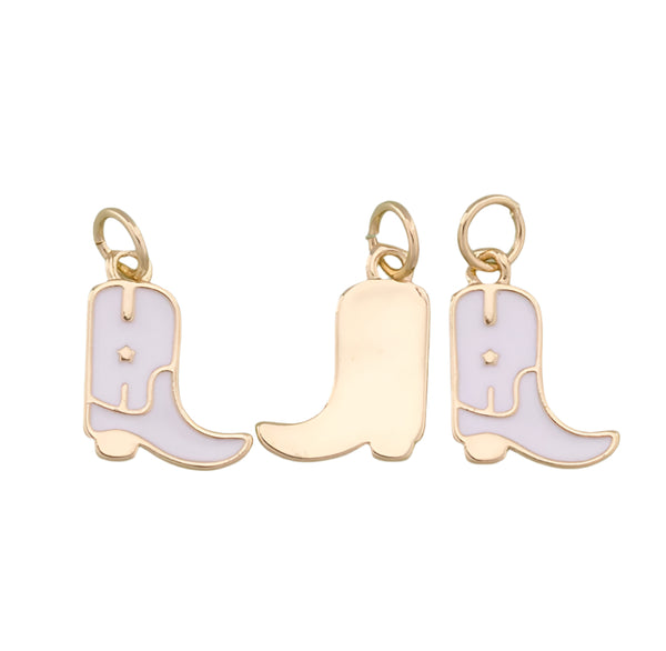 Three white and gold cowboy boot charms on a white background