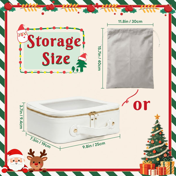 A product infographic showing two Christmas-themed mahjong storage items with dimensions: a white rectangular storage box with a clear lid and gold zipper, and a light gray drawstring pouch. The image includes 'Storage Size' text, size measurements, holiday decorations, and a Santa and reindeer illustration.
