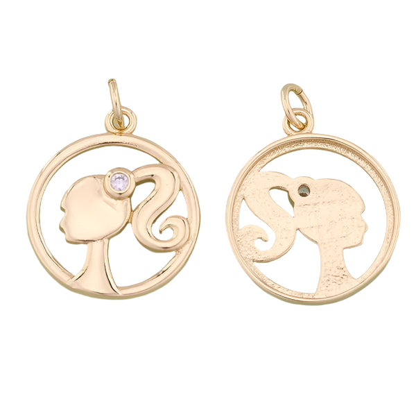 Gold pendants with girl with a ponytail silhouette designs on a white background