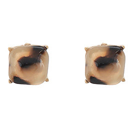 Square light colored tortoiseshell stud earrings on a white background