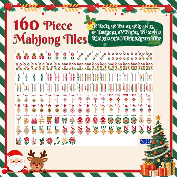 A festive Christmas-themed product listing graphic for a 160-piece mahjong tile set. The image shows a grid of many colorful tile designs, including ornaments, letters, flowers, and holiday motifs, with text reading '160 Piece Mahjong Tiles' and additional details about the included symbols.