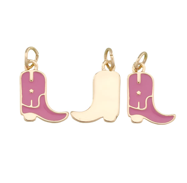 Three light pink cowboy boot charms on a white background