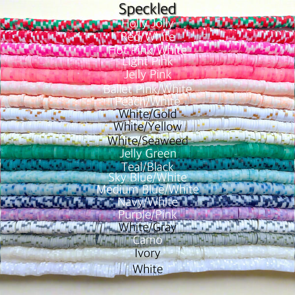 Stack of speckled heishi beads with color names listed above them.