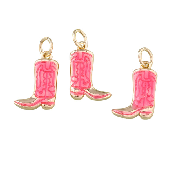 Three pink cowboy boot charms on a white background