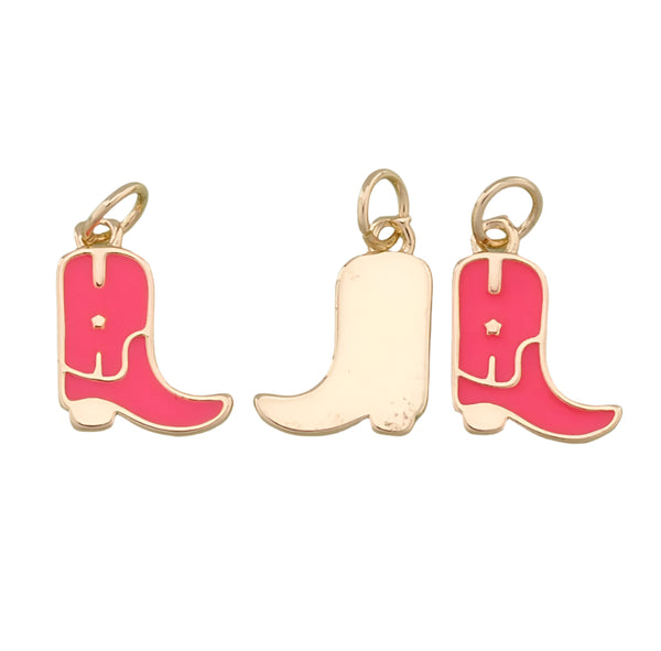 Three pink cowboy boot charms on a white background