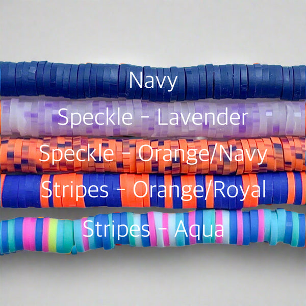 Colorful heishi beads with labels indicating color patterns on a white background