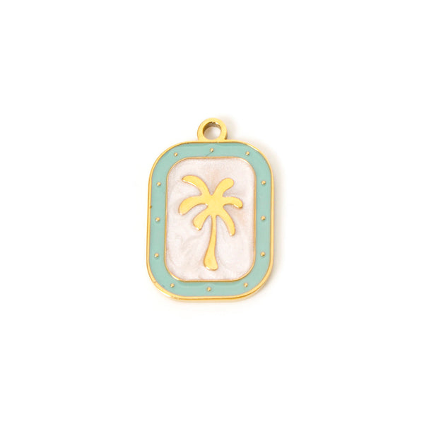 Gold, white and mint green pendant with palm tree design on a white background