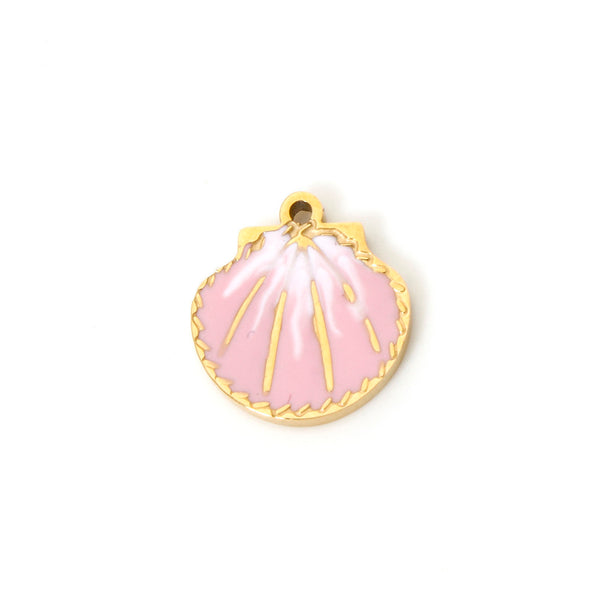 Pink shell pendant with gold outline on a white background