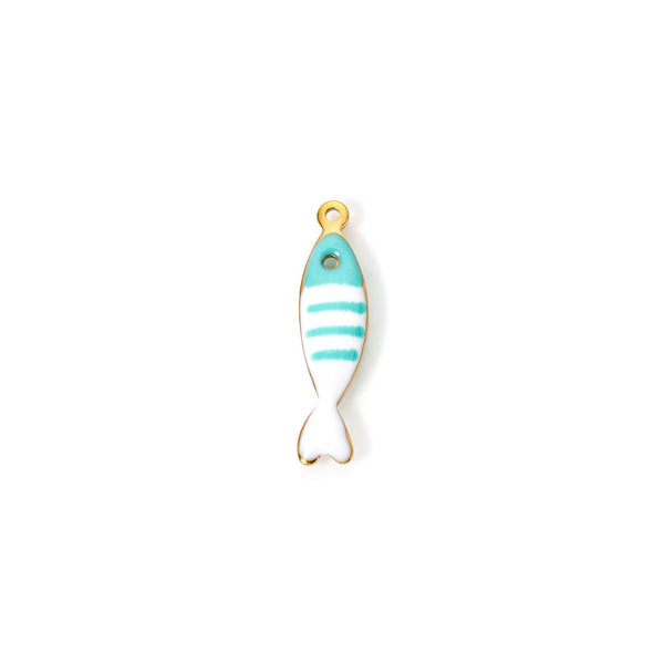 Fish-shaped charm with aqua and white stripes on a white background