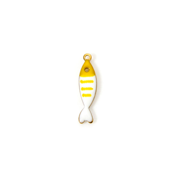 Fish-shaped charm with yellow and white stripes on a white background