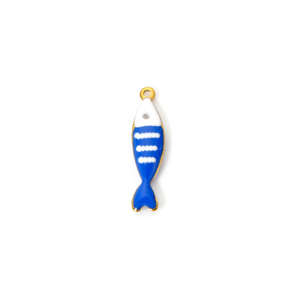 Blue and white fish-shaped pendant on a white background