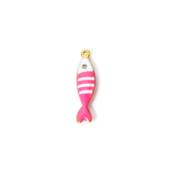 Pink and white striped fish-shaped charm on a white background