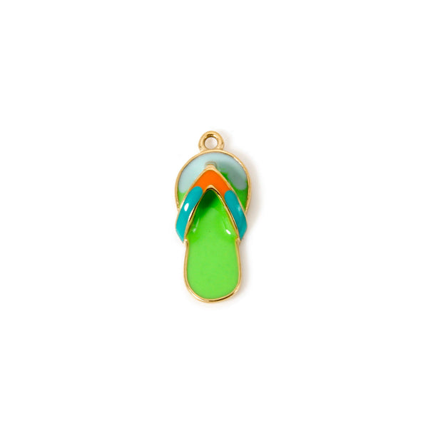 Flip-flop charm with green sole and gold border on a white background