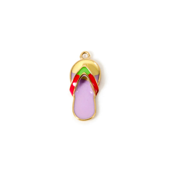 Flip-flop charm with gold border, red strap, green strap, and purple insole on a white background
