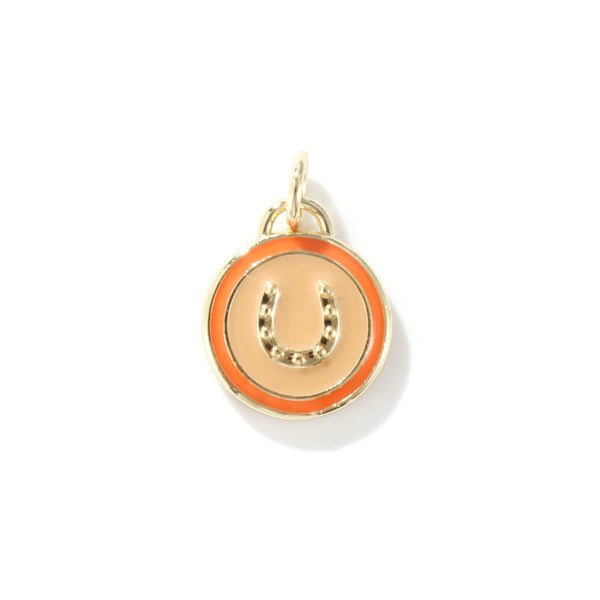 Orange and gold charm with a horseshoe design on a white background