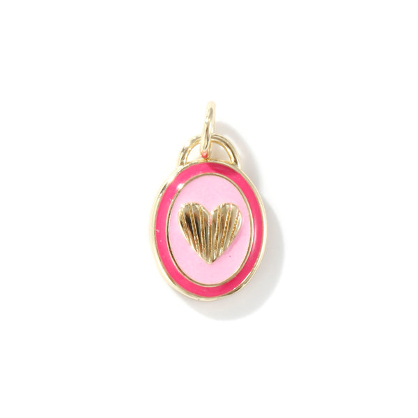 Pink pendant with gold heart design on a white background