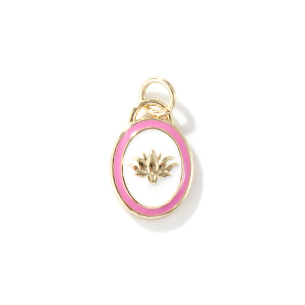 Gold pendant with pink enamel border featuring a lotus flower design on a white background