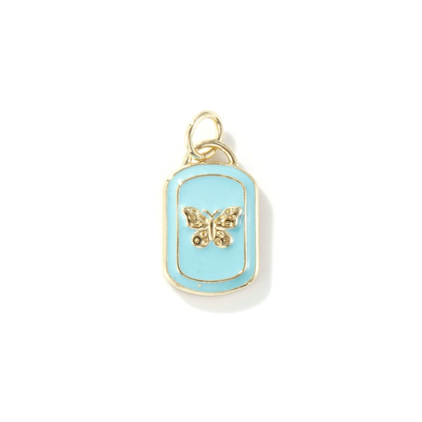 Light blue pendant with gold butterfly design on a white background