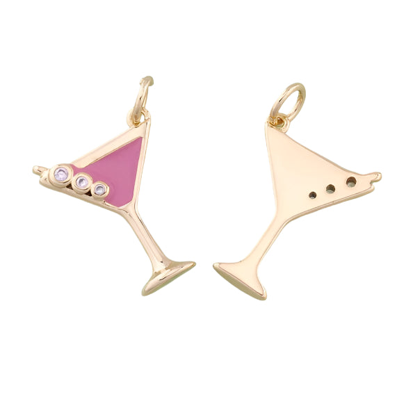 Gold and pink martini glass-shaped pendants with gemstones on a white background