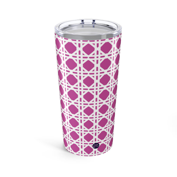 Tumbler with pink rattan caning pattern and navy monogram on a white background