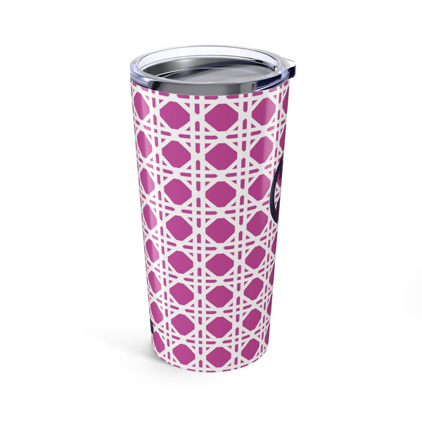 Tumbler with pink rattan caning pattern and navy monogram on a white background