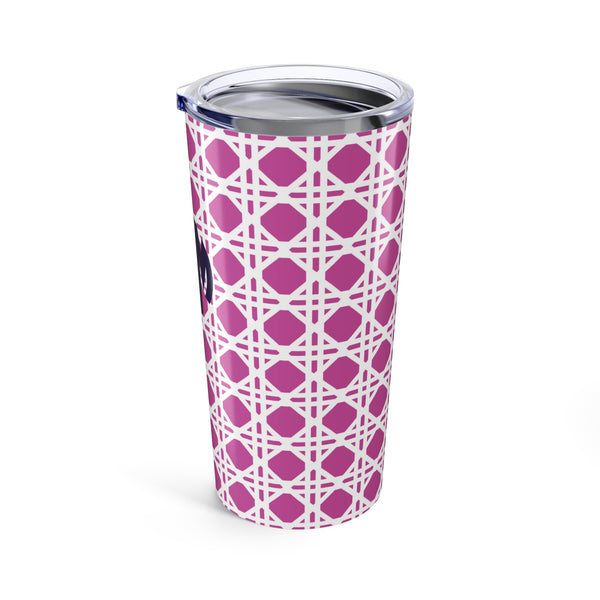 Tumbler with pink rattan caning pattern and navy monogram on a white background