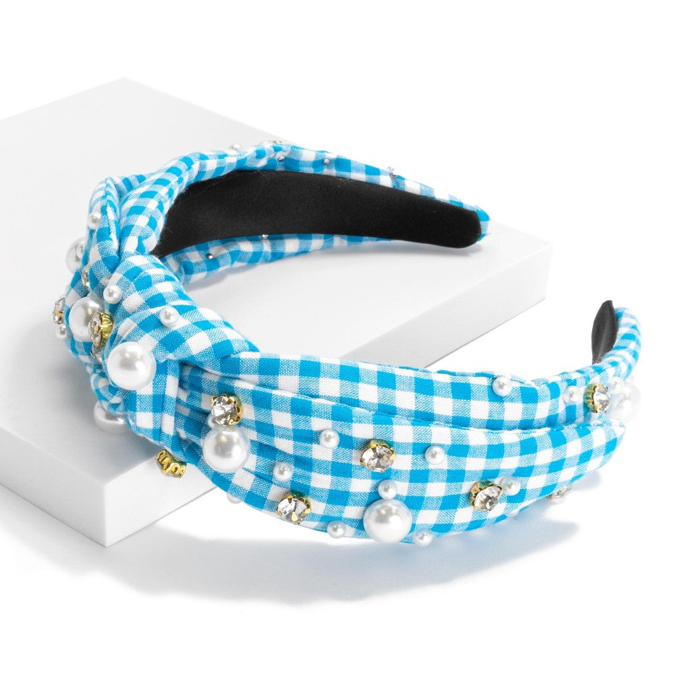 Gingham Headband | Knot Headband | Crystal and Pearl  display picture 3
