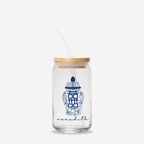 Clear glass tumbler with bamboo lid and straw featuring a blue ginger jar design and the name 'meredith'.
