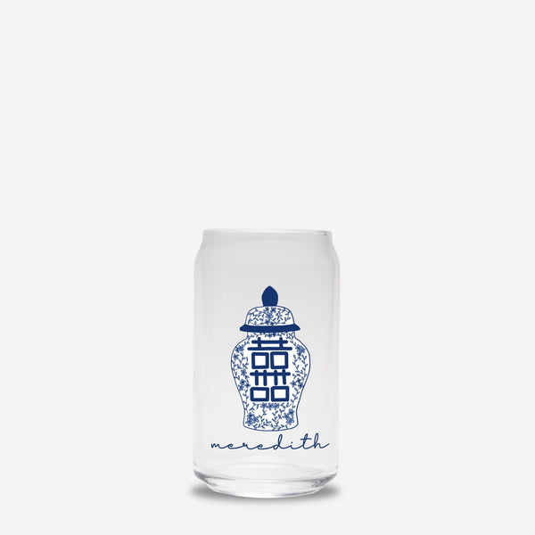 Glass can with blue ginger jar design and text on a white background