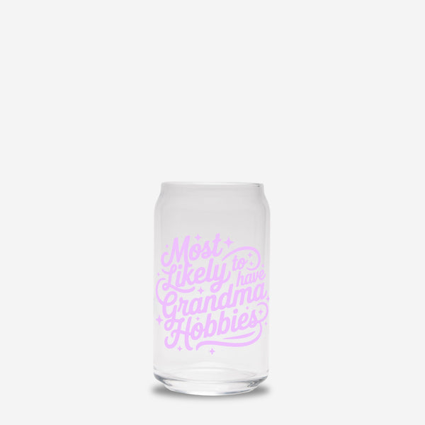 Glass tumbler featuring pink text that says Most Likely to have Grandma Hobbies on a white background