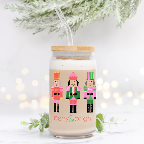 Jar with Nutcracker design and 'merry & bright' text on a light background