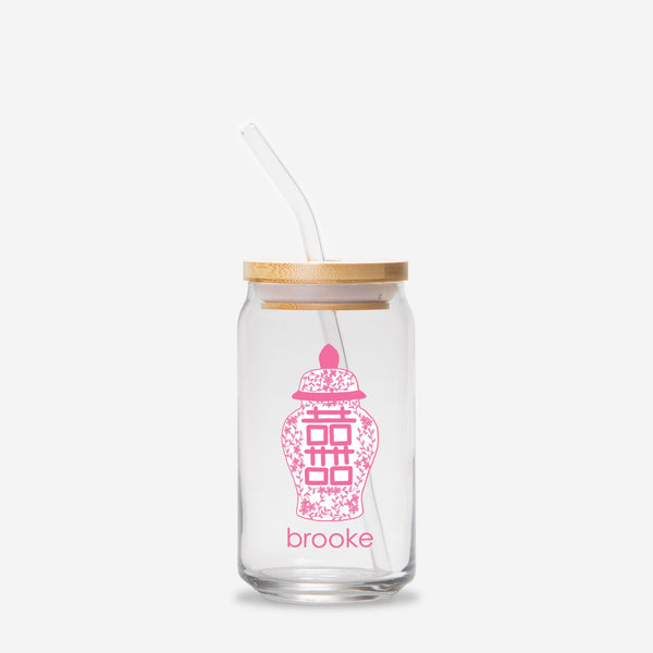 Clear glass tumbler with bamboo lid and straw, featuring a pink ginger jar design and the name 'brooke' on a white background.