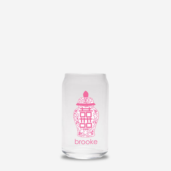 Clear glass tumbler with pink ginger jar design and 'brooke' text on a white background