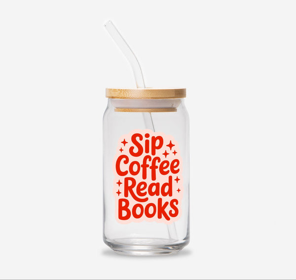 Glass tumbler with straw and wooden lid featuring 'Sip Coffee Read Books' text on a white background