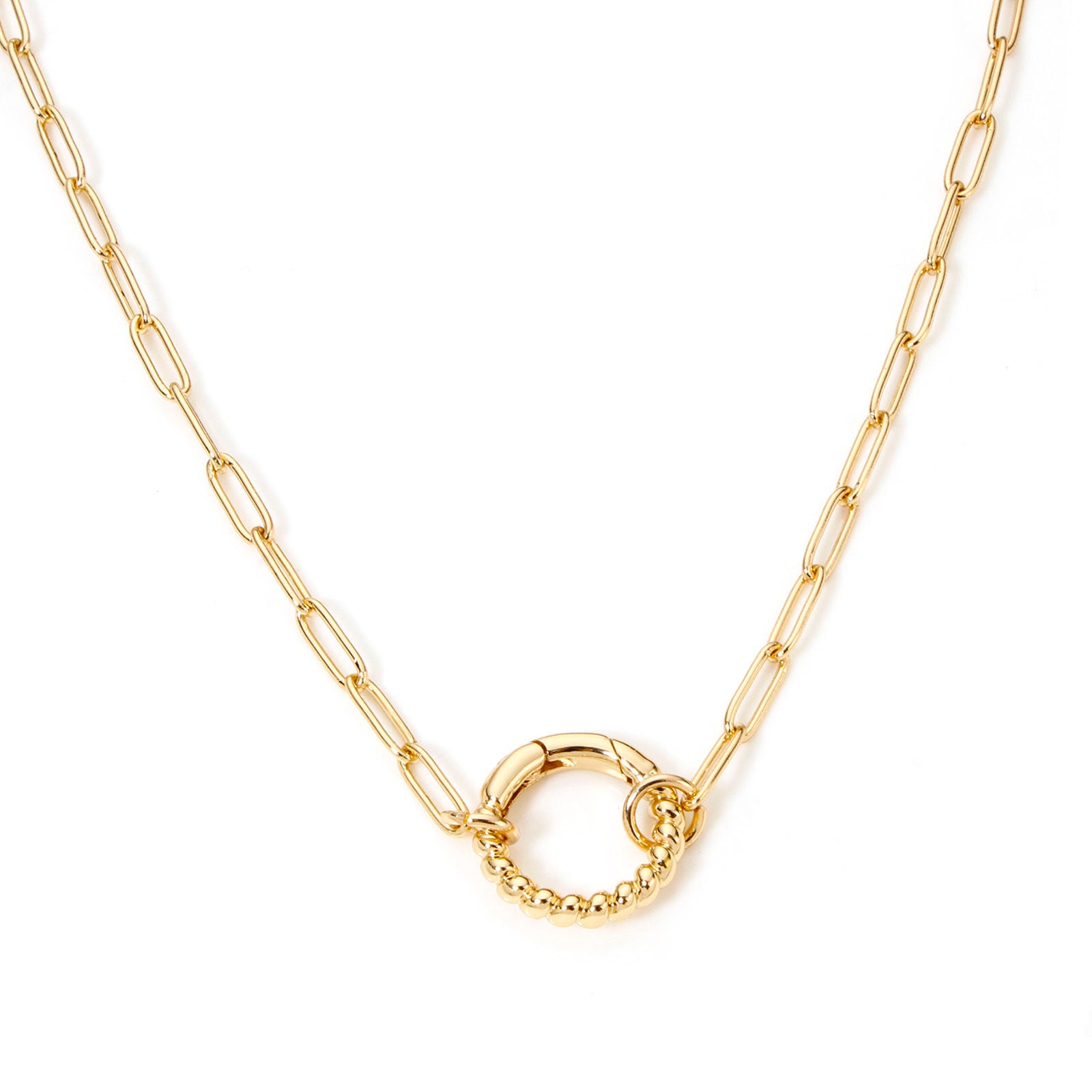 Gold necklace with a unique clasp design on a white background