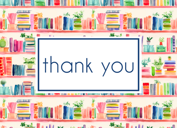 Colorful bookshelf design notecard with 'thank you' text in the center