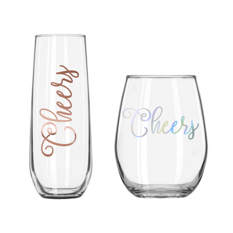 close up of cheers stemless champagne and wine glasses