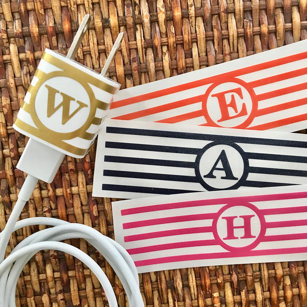 Striped personalized iphone/ipad charger wrap close up
