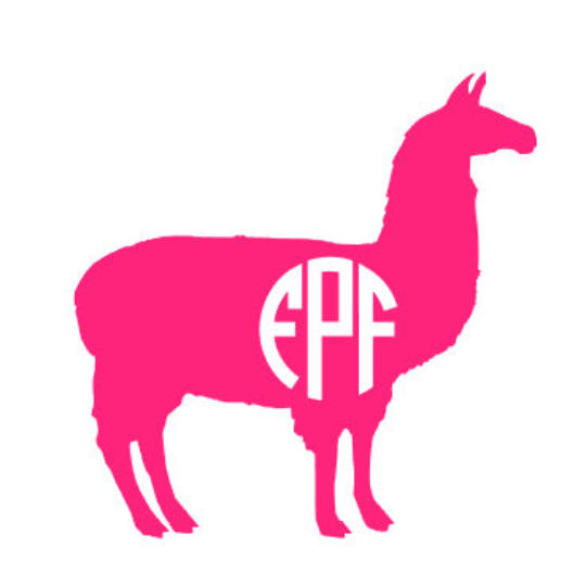 Close up image of monogrammed llama decal in bright pink