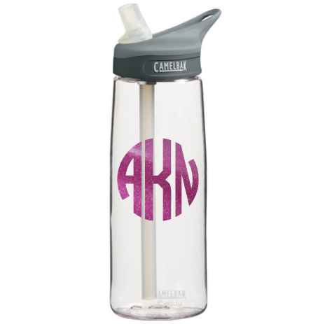 glitter monogram decal on water bottle