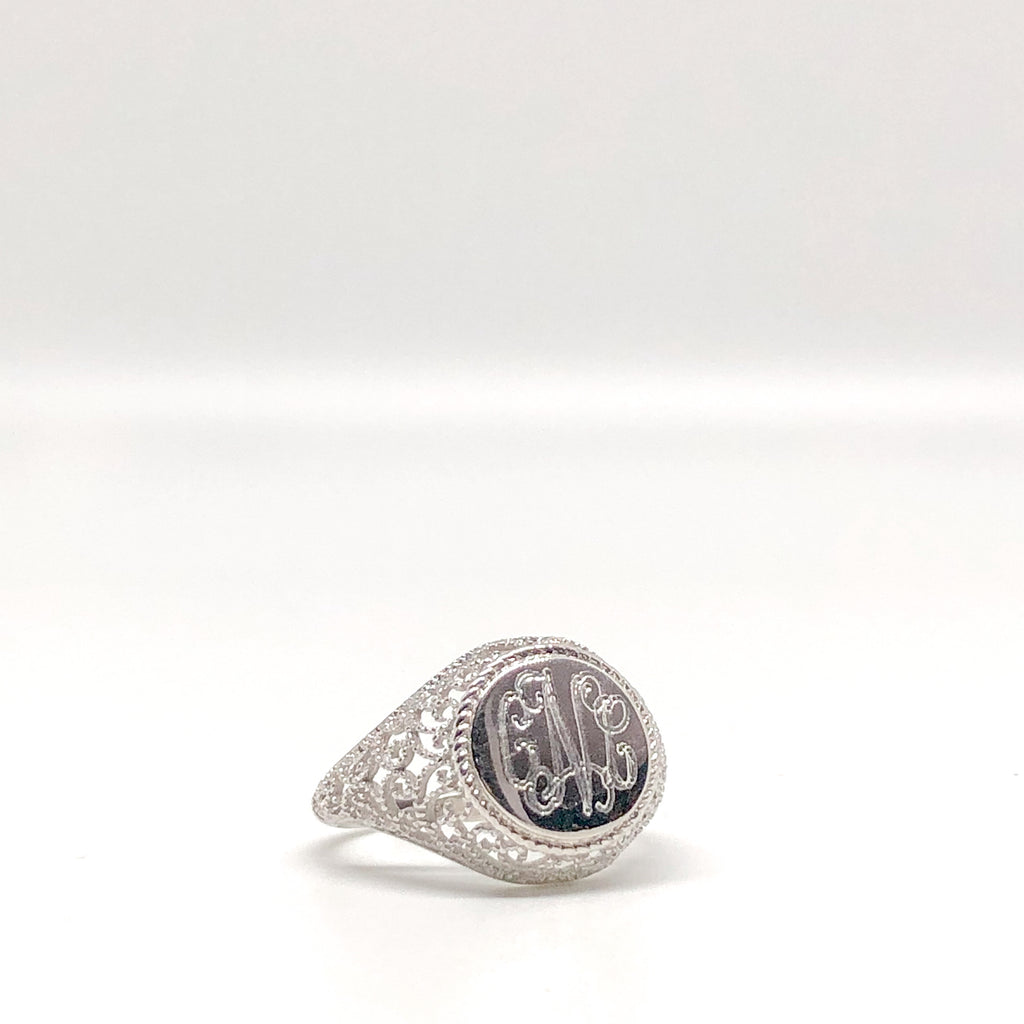 Monogrammed Silver Filigree Ring – Belle & Ten