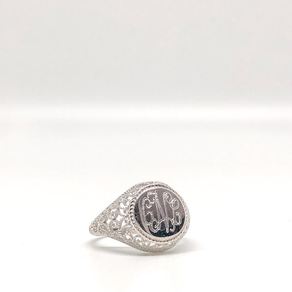 Monogrammed Silver Filigree Ring