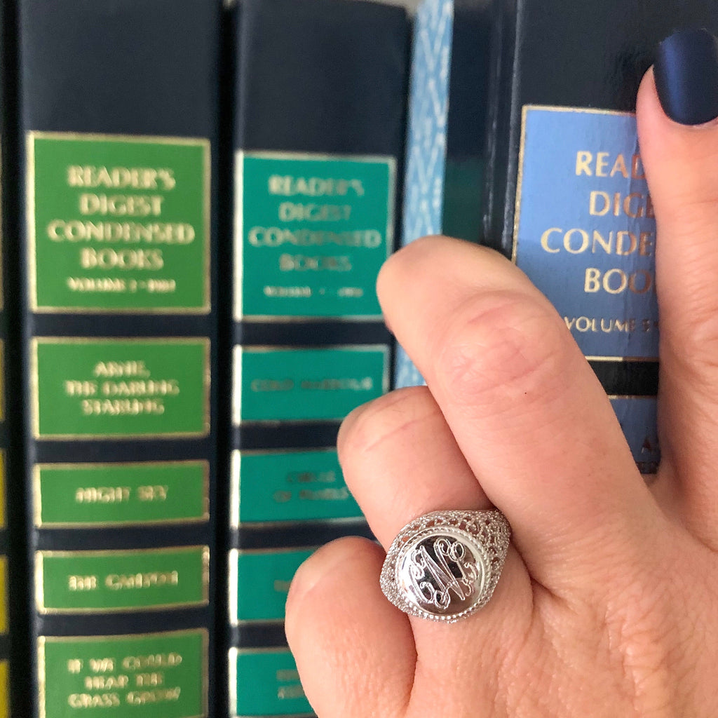 Monogrammed Silver Filigree Ring – Belle & Ten