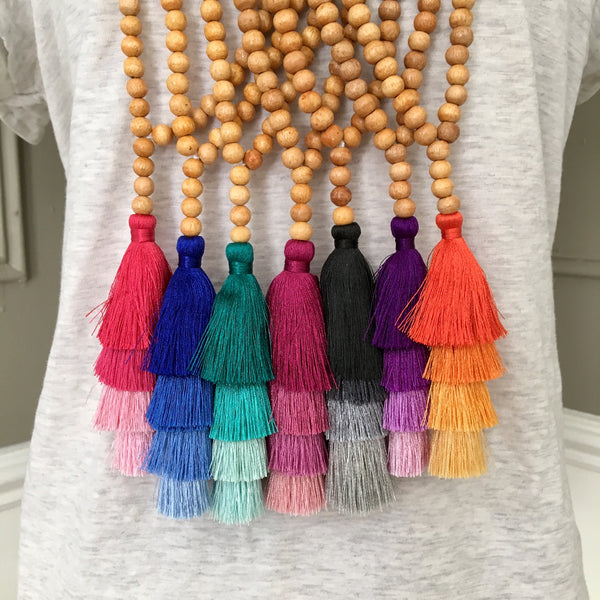 Silk Tassel and Wood Mala Beads Necklace